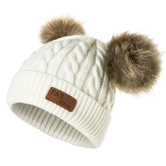 FAS Jeans Beanie OS Off White Double Pom Cable Knit Wool - Picture 1 of 8